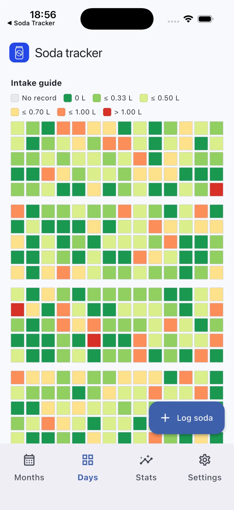 Soda Tracker Days screen