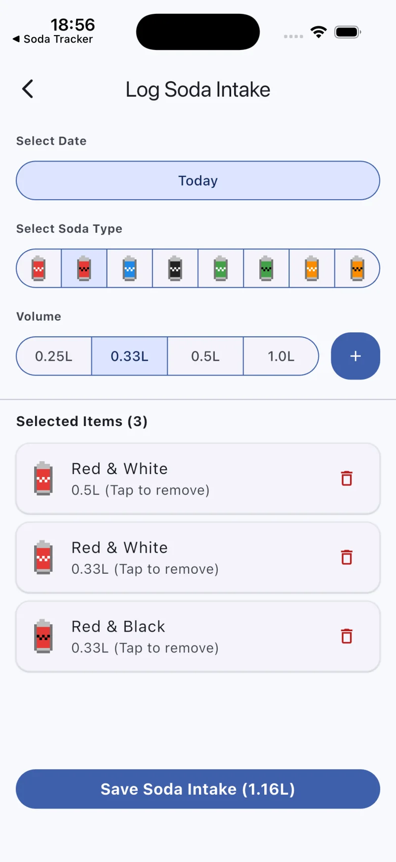 Soda Tracker Quick logging screen